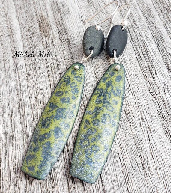 Sandy Beach Vitreous Enamel and Lake Michigan Pebble Fine Silver Earrings