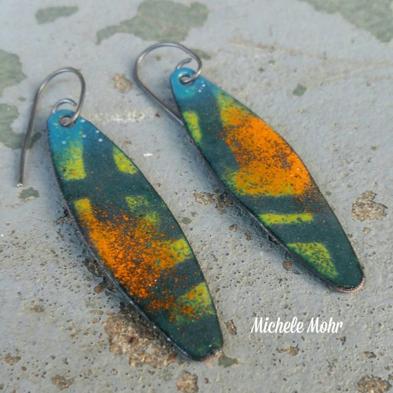 Abstract Impressionist Vitreous Enamel Earrings. Oblong. Lightweight. 2" in length. Oxidized Sterling Silver Earwires