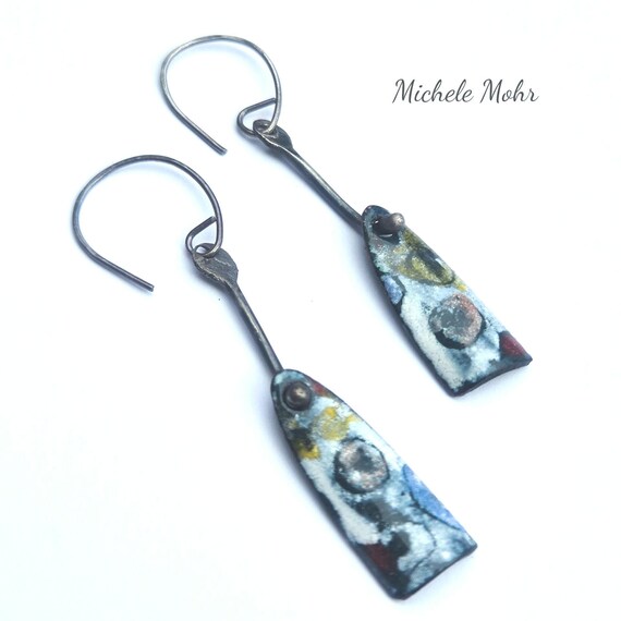 Abstract Garden Handpainted Enameled Copper and Sterling Silver Dangle Earrings