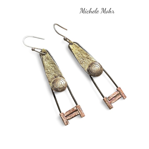 Bang a Gong Mixed Metal Dangle Earrings: Nugold, Steel, Copper with Sterling Silver Ear Wires