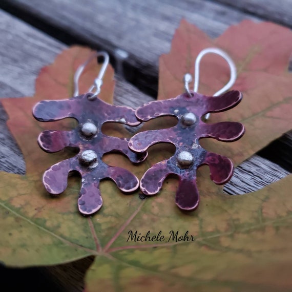 Hammered Copper and Fine Silver Leaf Earrings