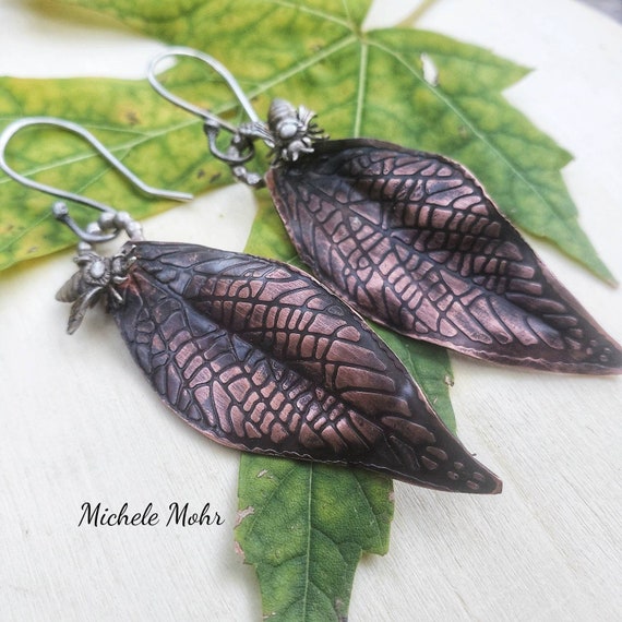 Copper Leaf and Sterling Silver Bee Earrings