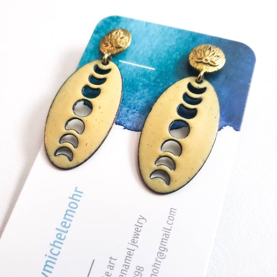 Zen Moon Mellow Yellow Enamel Earrings with Brass Lotus and Stainless Steel Posts
