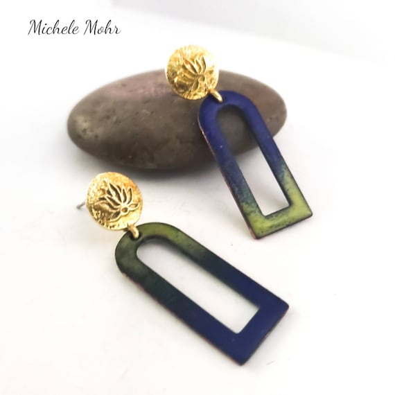 Blue and Green Enamel and Brass Stainless Steel Posts Earrings