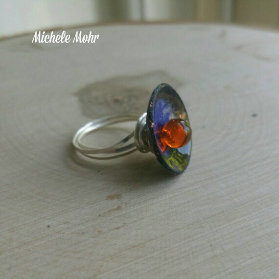 Colors of the Rainbow Enameled copper, glass and sterling silver ring Size 5