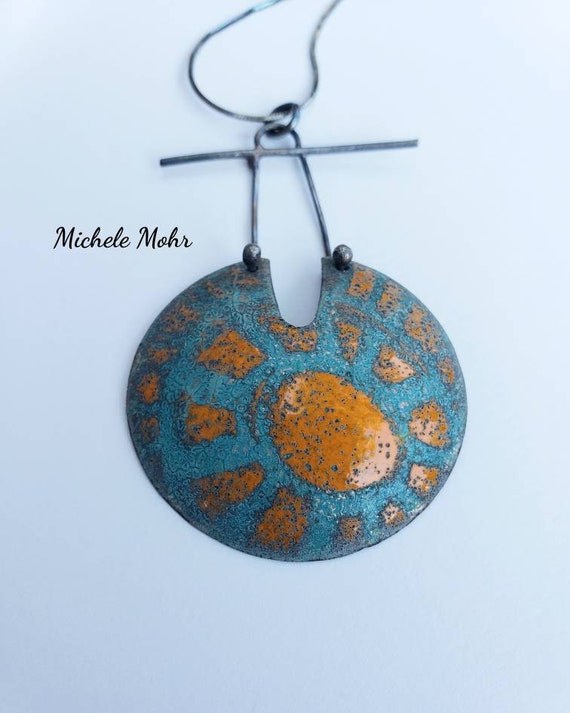 Eternal Sun Vitreous Enamel and Oxidized Sterling Silver Pendant Adjustable Necklace - up to 18"