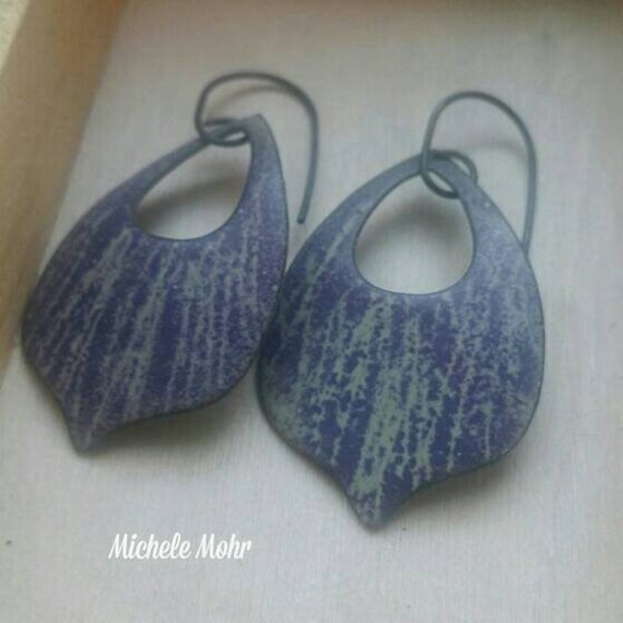 Grape Purple and Lichen Green Enamel Earrings with Oxidized Sterling Silver Ear Wires