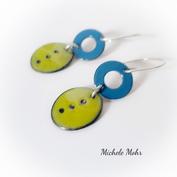 Bright and Cheerful Vitreous Enamel and Sterling Silver Earrings