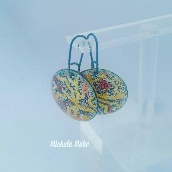 SALE - Indian Summer Kiln fired Enamel Earrings on Oxized Sterling Silver ear wires