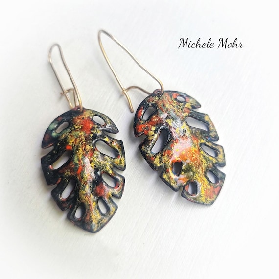 Autumn Leaf Enamel Earrings with Gold Filled Kidney Ear Wires
