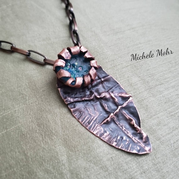 Foldformed Copper and Roman Glass Pendant Necklace