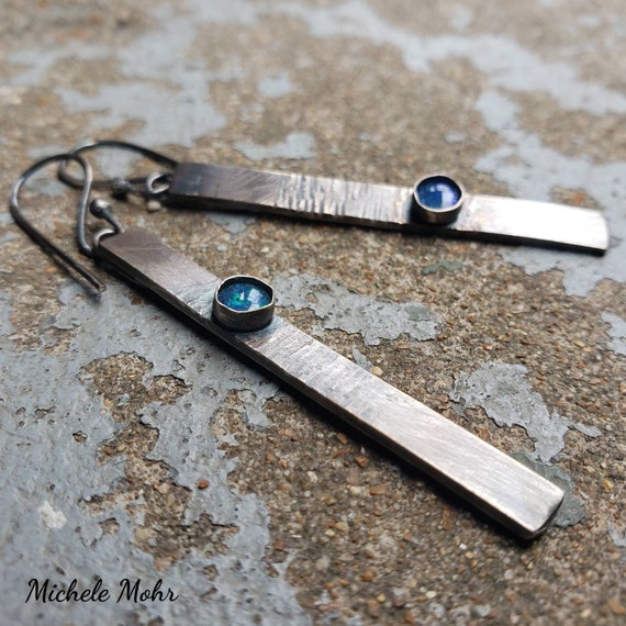 Blue Green Australian Opal Oxidzed Sterling Silver Bar Earrings