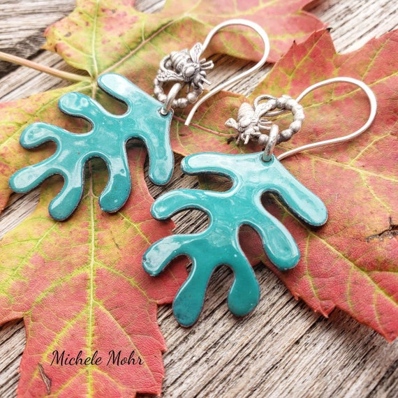 Spruce Green Enamel Leaf and Sterling Silver Bee Earrings