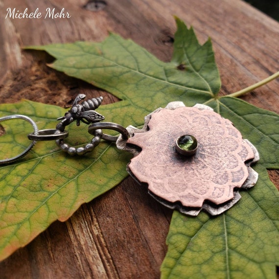 Bee and Flower Mixed Metal and Peridot Pendant and Adjustable 18" Sterling Silver Necklace