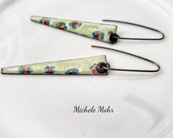 Hand Painted Kiln Fired Enamel Earrings with Oxidzed Sterling Silver Discs and Ear Wires