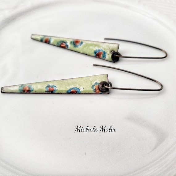 Hand Painted Kiln Fired Enamel Earrings with Oxidzed Sterling Silver Discs and Ear Wires