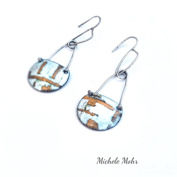 New Horizons White, Orange, and Steel Gray Enamel Earrings with Sterling Silver Ear Wires