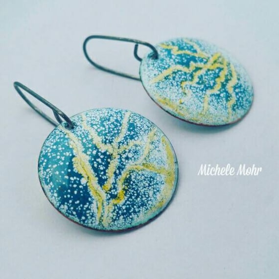 SALE Starlight Kiln fire Vitreous Enamel Earrings with Oxidized Sterling Silver ear wirs
