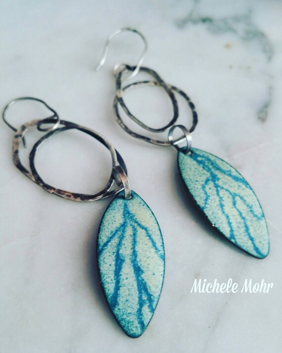 Organic Enamel Copper and Hammered Sterling Silver Earrings