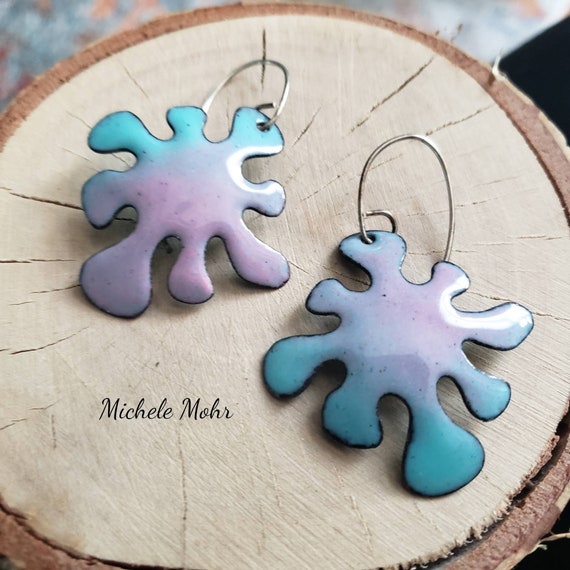 Paint Splat Pink and Spruce Enamel and Sterling Silver Earrings