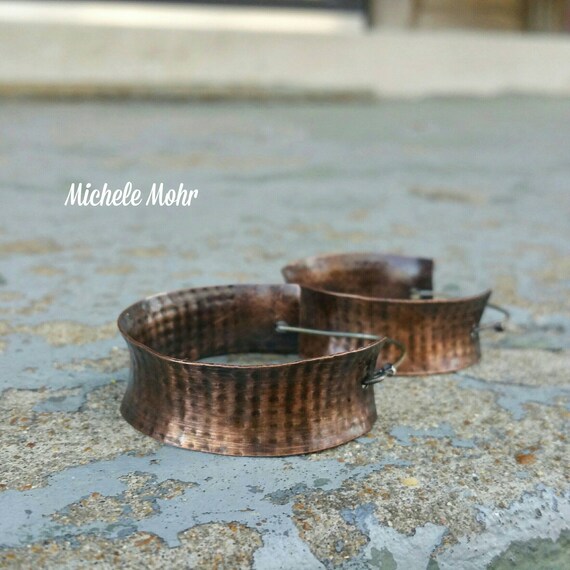 Large 1.5" Diameter Lightweight Anticlastic Textured and Oxidized Copper Hoop Earrings with Sterling Silver Earwires