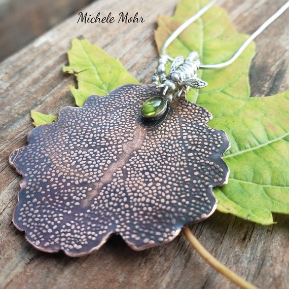 Copper Leaf, Silver Bee and Peridot Adjustable 18" Sterling Silver Necklace