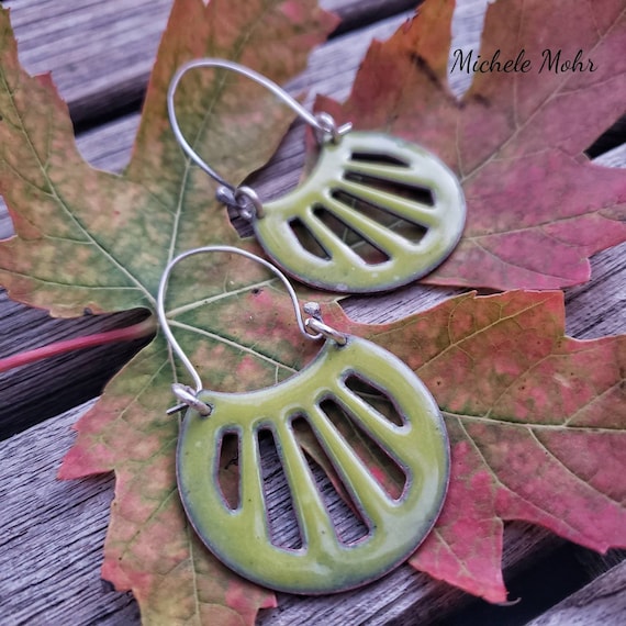 Bitter Green Vitreous Enamel Shield Earrings