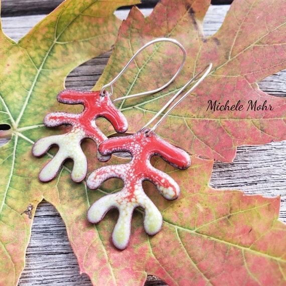 Abstract Leaf Red and Bitter Green Crackle Vitreous Enamel Earrings