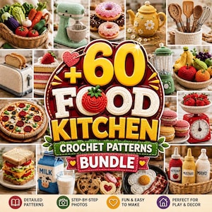Può includere: Un collage digitale di vari articoli alimentari ed elettrodomestici da cucina realizzati all'uncinetto, con il testo +60 FOOD KITCHEN CROCHET PATTERNS BUNDLE. L'immagine mostra un cesto di verdure, un'impastatrice, ciambelle, una teiera, utensili, un tostapane, un frullatore, frutta, pizza, macaron, un panino, latte, biscotti, un uovo al tegamino e bottiglie di condimenti.