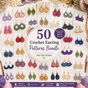Peut inclure: Une collection numérique de 50 modèles de boucles d'oreilles au crochet avec un graphique circulaire central portant le texte 50 Crochet Earring Patterns Bundle PDF PATTERNS. L'image montre de nombreuses paires de boucles d'oreilles crochetées.