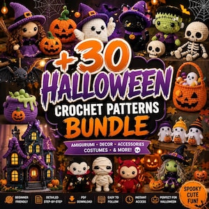 Könnte beinhalten: Eine Sammlung von 30 Halloween-Häkelanleitungen mit Amigurumi-Figuren wie einer Hexe, Kürbissen, einem Geist, einer schwarzen Katze, Frankenstein, einem Skelett, einer Fledermaus, einem Vampir, einer Mumie und einem Teufel sowie einem Spukhaus.