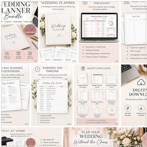 May include: A digital wedding planner bundle featuring printable templates, budget trackers, guest lists, and timelines. The set includes various documents for planning, organising, and tracking wedding details, presented in a clean, organised layout.