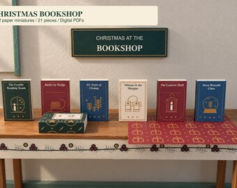 Christmas Bookshop Miniatures Printable, 21 Winter Paper Pieces, 1:12 Dollhouse PDF