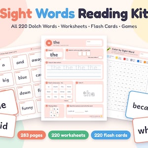 May include: A Sight Words Reading Kit featuring 283 pages, 220 worksheets, and 220 flash cards. The kit includes educational materials with Dolch words, tracing exercises, and colour-by-sight-word activities printed on light peach-coloured paper.