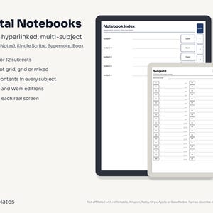 Puede incluir: Cuadernos digitales con pestañas e hipervínculos para iPad, Kindle Scribe, Supernote y Boox. El texto dice Digital Notebooks, tabbed, hyperlinked, multi-subject y tts.templates. La pantalla muestra un índice de cuaderno y páginas.
