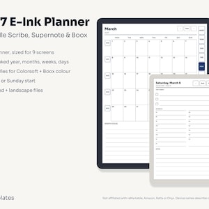 May include: A 2027 E-Ink planner for Kindle Scribe, Supernote, and Boox devices. The image displays two digital tablet screens showing a monthly calendar and a daily schedule with hyperlinked tabs, alongside text listing features like Monday or Sunday start options and color files for Colorsoft and Boox color displays.