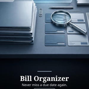 Pode incluir: Uma pilha de pastas cinzentas, uma caneta prateada, um clipe de metal e uma lupa sobre cartões cinzentos. O texto diz MoneyBlueprints, Bill Organizer, Never miss a due date again e PRINTABLE PDF em branco sobre um fundo escuro.