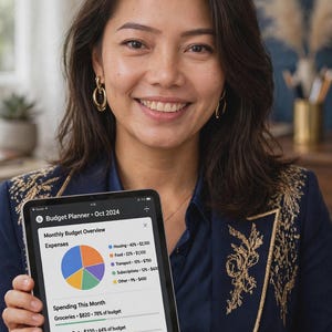 May include: A tablet displaying a Budget Planner app for October 2024, showing a monthly budget overview with a pie chart of expenses including housing, food, transport, subscriptions, and other categories, plus spending progress bars.