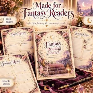 Puede incluir: Un diario de lectura de fantasía con cubierta color crema que muestra una pila de libros, un castillo y motivos florales. Incluye páginas para reseñas, objetivos de lectura y citas favoritas, decoradas con elementos celestiales.
