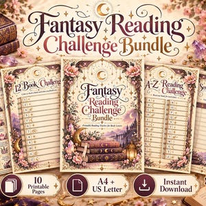 Puede incluir: Un paquete de desafíos de lectura de fantasía con páginas imprimibles decoradas con motivos florales y celestiales. El texto incluye Fantasy Reading Challenge Bundle, 12 Book Challenge, A-Z Reading Challenge y Series & Progress Tracker. Incluye 10 páginas imprimibles en tamaños A4 y US Letter.