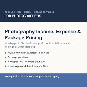 Photographer Income and Expense Tracker Google Sheets, Package Pricing Calculator