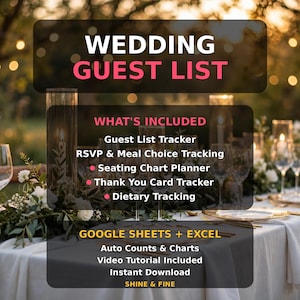 Könnte beinhalten: Eine digitale Hochzeitsgästelisten-Vorlage für Google Sheets und Excel. Der Text zeigt Funktionen wie Gästelisten-Tracker, RSVP- und Menüwahl-Tracking, Sitzplaner, Dankeskarten-Tracker sowie automatische Zählungen und Diagramme.