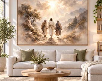 Muurdecoratie met Jezus, schilderij van de weg naar Emmaus, christelijke canvas met de verrezen Jezus, kunstwerk met Bijbelvers Lucas 24:32, ingelijst of oningelijst.