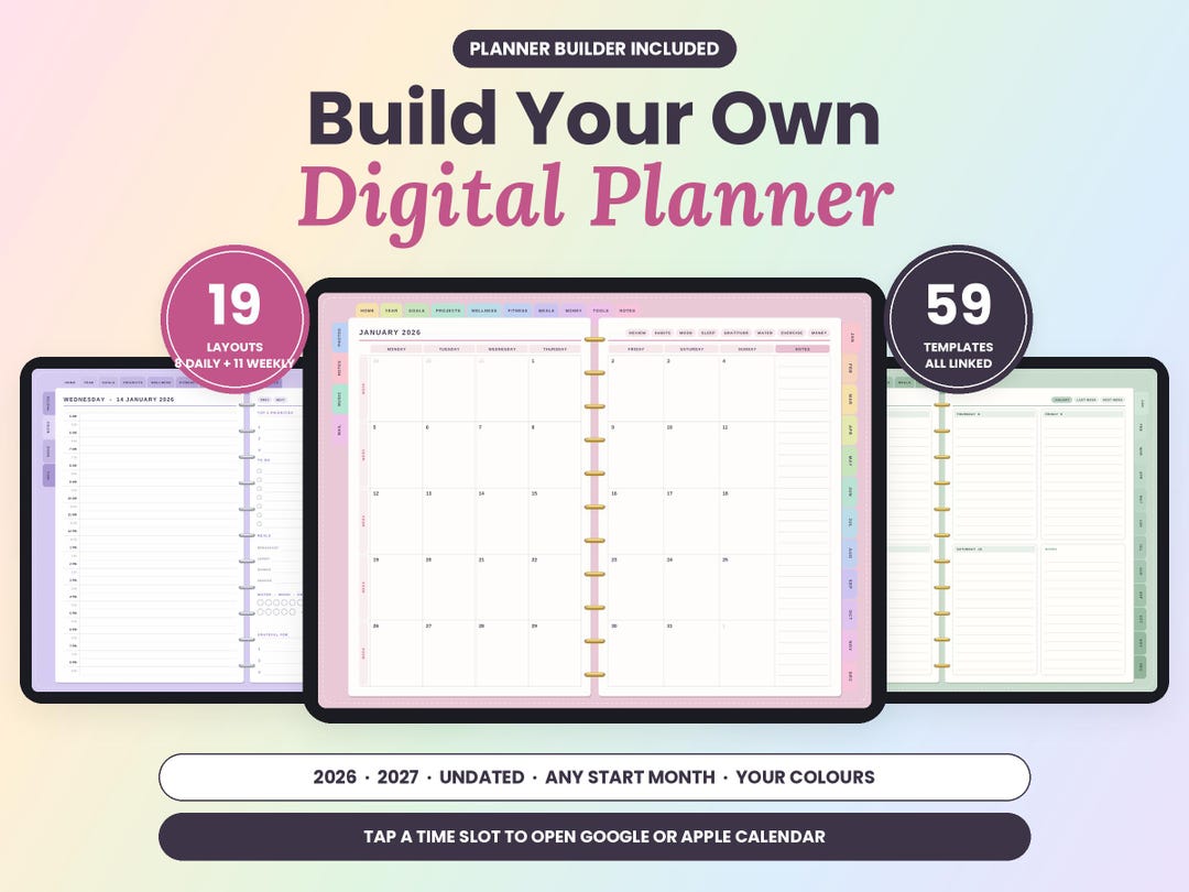 Digital Planner 2026 2027 Undated, Custom Builder, Goodnotes iPad