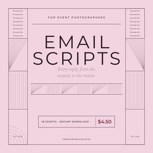 Puede incluir: Una plantilla de documento digital rosa claro con el texto FOR EVENT PHOTOGRAPHERS, EMAIL SCRIPTS y Every reply, from the enquiry to the review. El diseño incluye patrones de líneas geométricas, el texto 18 SCRIPTS y THESTUDIOFILES.ETSY.