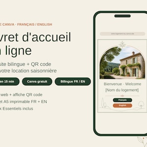 Peut inclure: Un modèle de livret d'accueil numérique pour location saisonnière affiché sur un écran de smartphone. L'interface présente une image de maison en pierre, des boutons de langue français et anglais, et le texte Livret d'accueil en ligne.