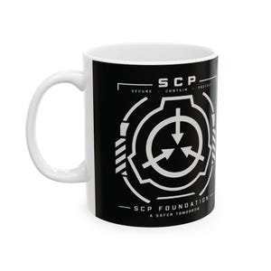 May include: A white ceramic mug featuring a black wrap-around design with the white SCP Foundation logo, the text SCP SECURE CONTAIN PROTECT, and the phrase SCP FOUNDATION A SAFER TOMORROW printed in a bold, sans-serif font on the front surface.