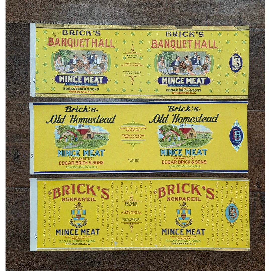 Vtg Retro Kitchen Bricks Mince Meat Prohibition Crate Labels Edgar ...