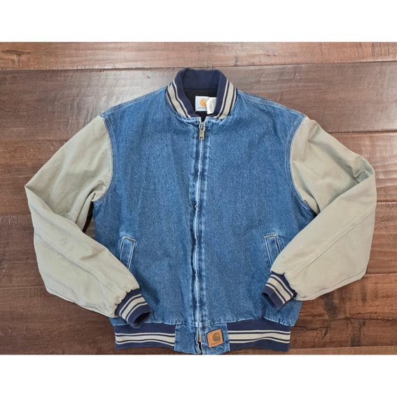 Vtg Carhartt Grunge JQ0198 Denim Bomber Jacket Blue Tan L USA Quilted