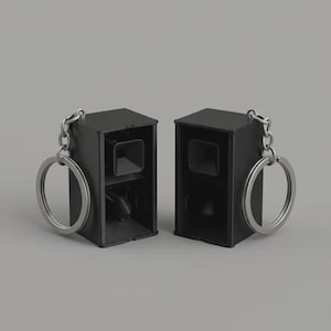 May include: Two black keychain charms shaped like miniature speaker cabinets. Each rectangular unit features a recessed square horn tweeter at the top and a circular woofer driver below, attached to a silver metal split ring key holder.
